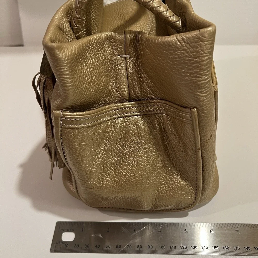 Mara Mac Brazil Y2K Gold Pebbled Leather Satchel Tote Bag Pockets Tassel Luxury